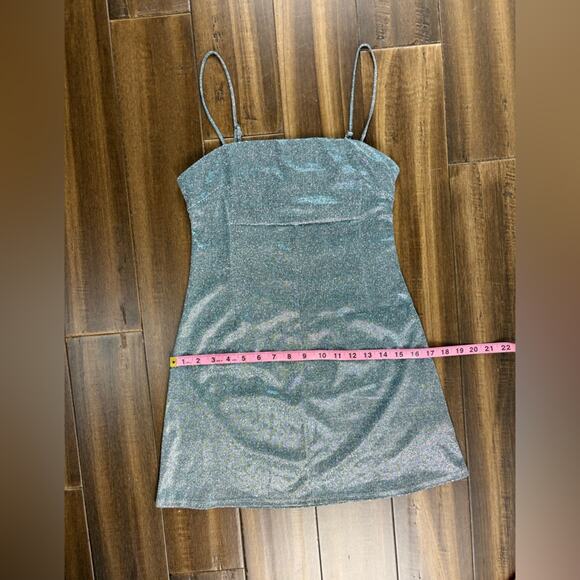 Size S Urban Outfitters Metallic Silver Tinsel Mini Dress Thin Straps y2k Square - Picture 4 of 13